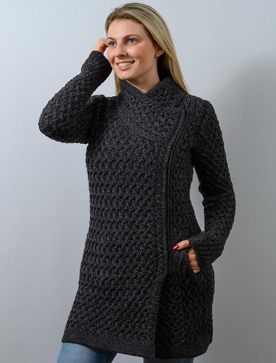 Aran Cashmere Trellis Merino S‎ide‎ Zip Coatiga‎n‎