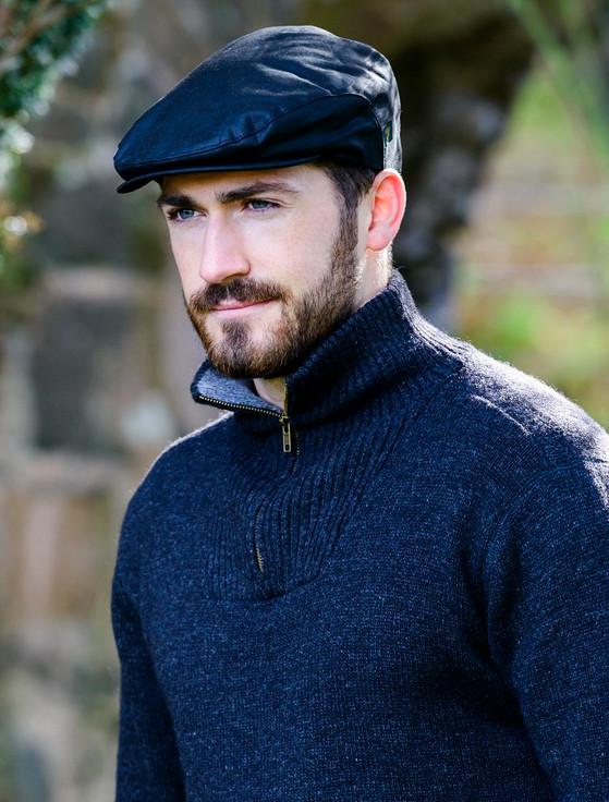 aran cashmere Trinity Wax Flat Cap - Black