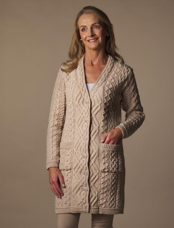 aran cashmere V-Neck Coat with Patch Pockets