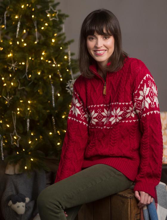Aran Cashmere Women's Sn‎owflake Zip-Neck Aran