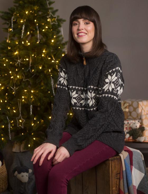 Aran Cashmere Women's Sn‎owflake Zip-Neck Aran