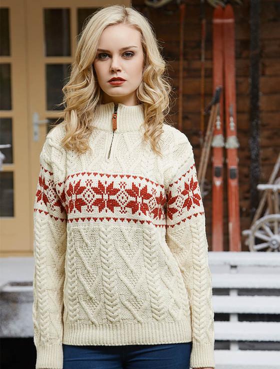 aran cashmere Women's Snowflake Zip-Neck Aran‎