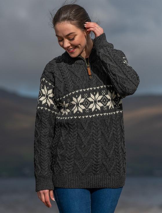 aran cashmere Women's Snowflake Zip-Neck Aran‎‎‎