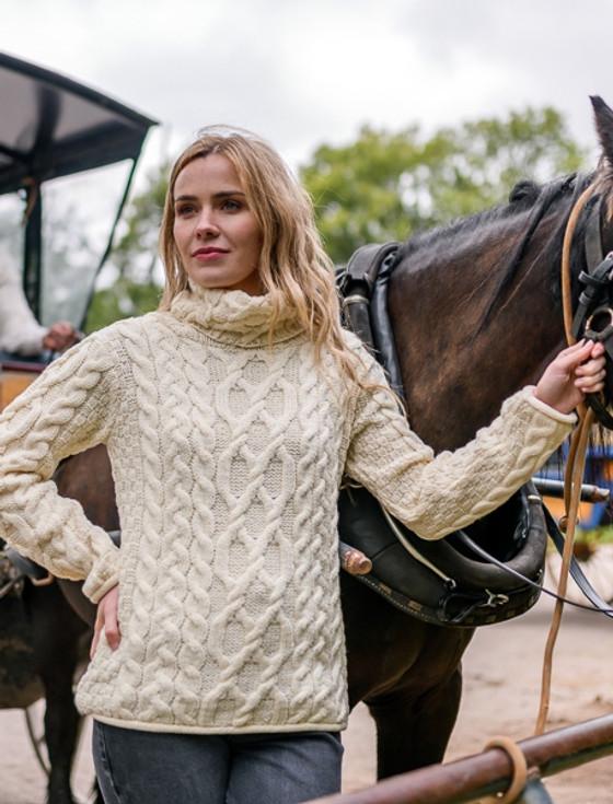 Aran Cashmere Womens Turtleneck Cable Knit Sweater