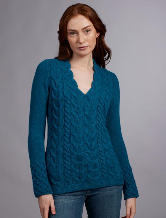 Aran Cashmere Wool Cashmere Cable V-Neck Sweater‎‎
