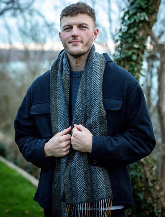 Aran Cashmere Wool & Cashmere Scarf - Mustard & Grey
