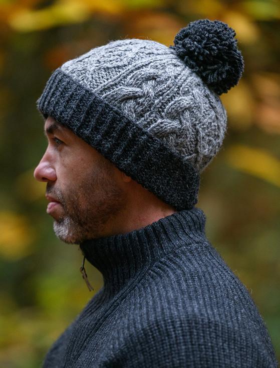 Aran Cashmere Aran Fleece Lined Rib Cap With Bobble