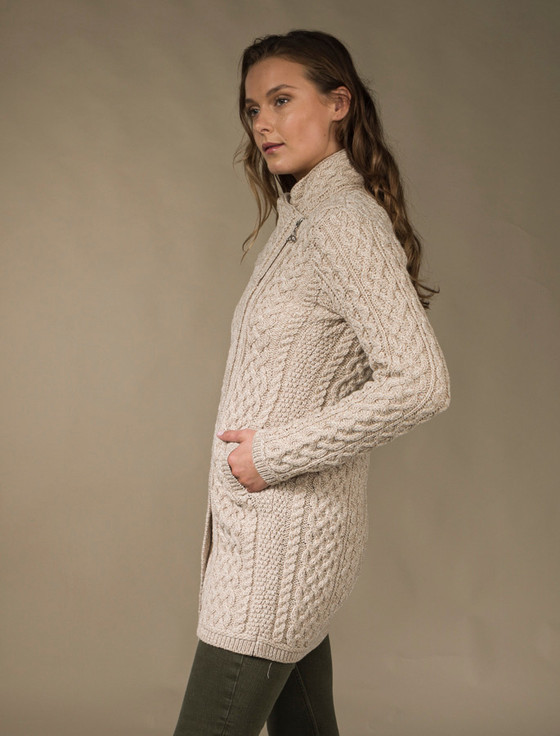 Aran Cashmere Aran Knit Coatigan With Celtic Knot Side Zip‎‎‎