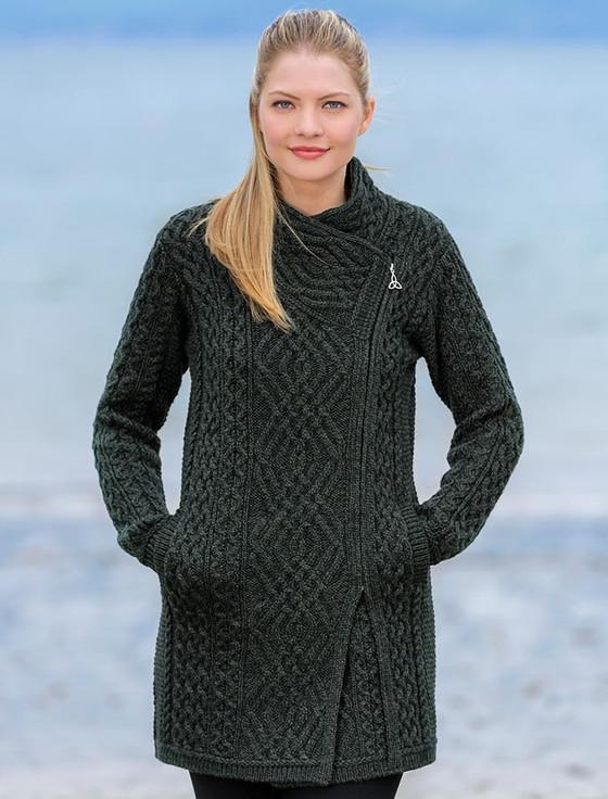 Aran Cashmere Aran Knit Coatigan With Celtic Knot Side Zip‎‎‎