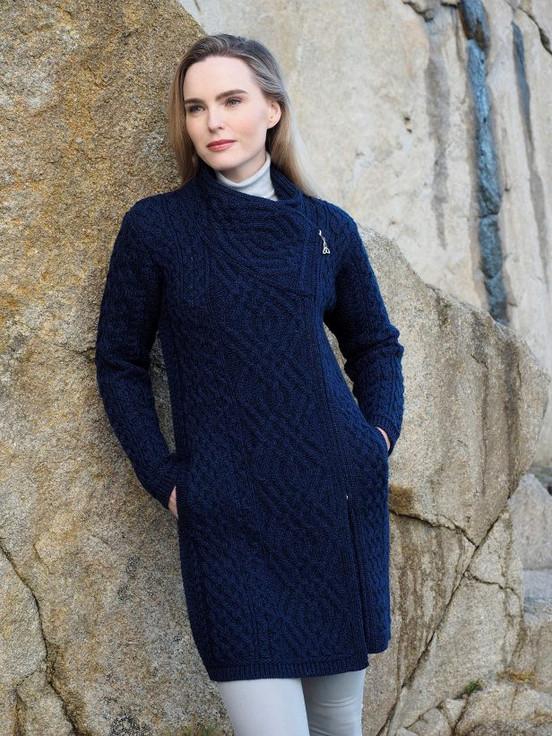 Aran Cashmere Aran Knit Coatigan With Celtic Knot Side Zip‎‎‎‎‎‎