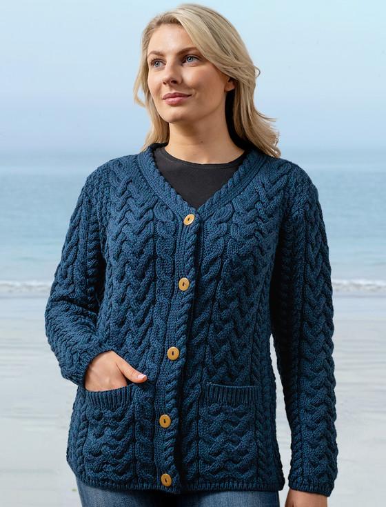 aran cashmere Aran V-Neck ‎Button Up Cable Knit Cardigan