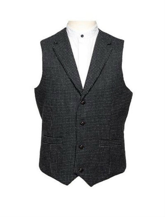 Aran Cashmere Black And Grey Night Check Tweed Waistcoat With Lapel
