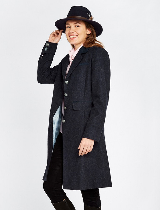 aran cashmere Blackthorn Ladies 3/4 Tweed Coat - Navy