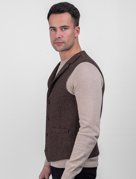 Aran Cashmere Burns Wool Tweed Waistcoat With Revere - Brown