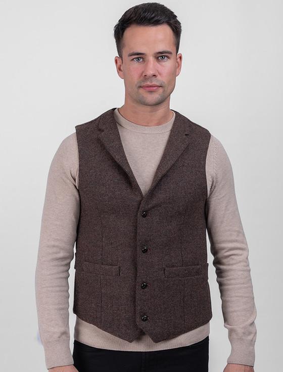 aran cashmere Burns Wool Tweed Waistcoat With Revere - Brown