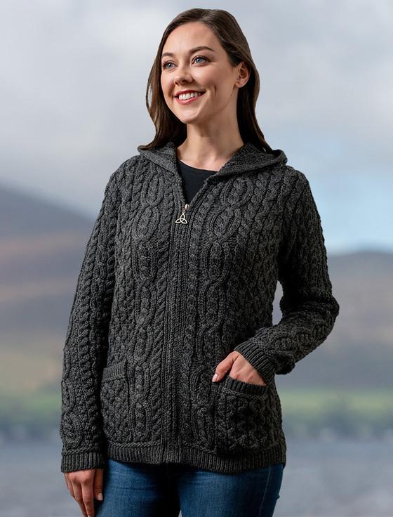 Aran Cashmere Cable Knit Hoodie With Celtic Knot Zipper Pull‎‎‎