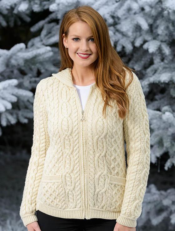 Aran Cashmere Cable Knit Hoodie With Celtic Knot Zipper Pull‎