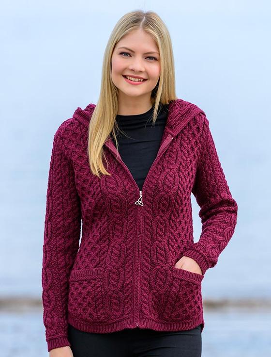 aran cashmere Cable Knit Hoodie with Celtic Knot Zipper Pull
