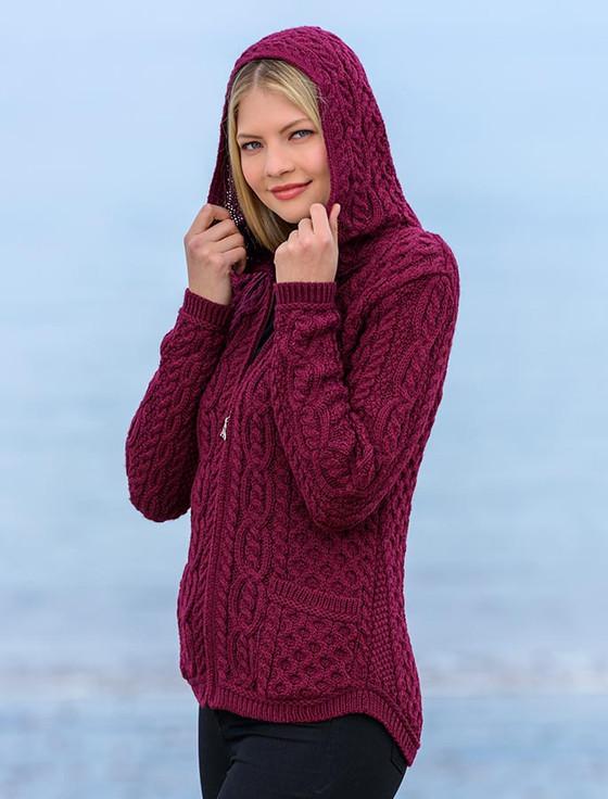 aran cashmere Cable Knit Hoodie with Celtic Knot Zipper Pull