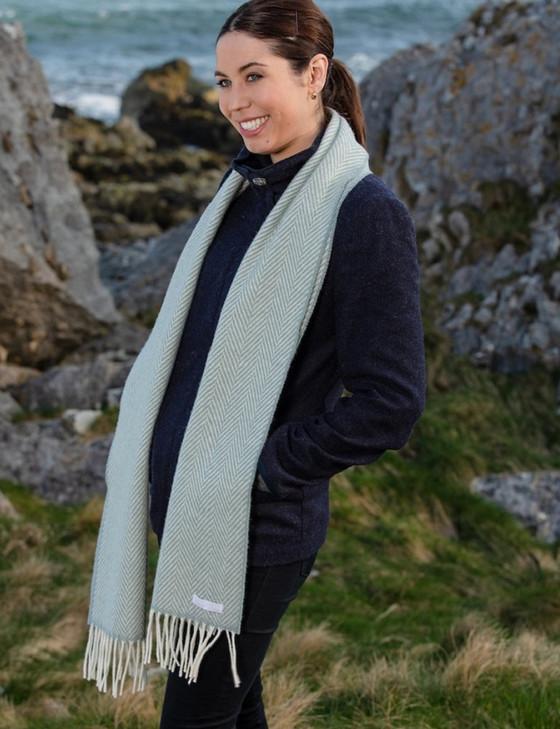 aran cashmere Cashmere Scarf - Sage & White Herringbone