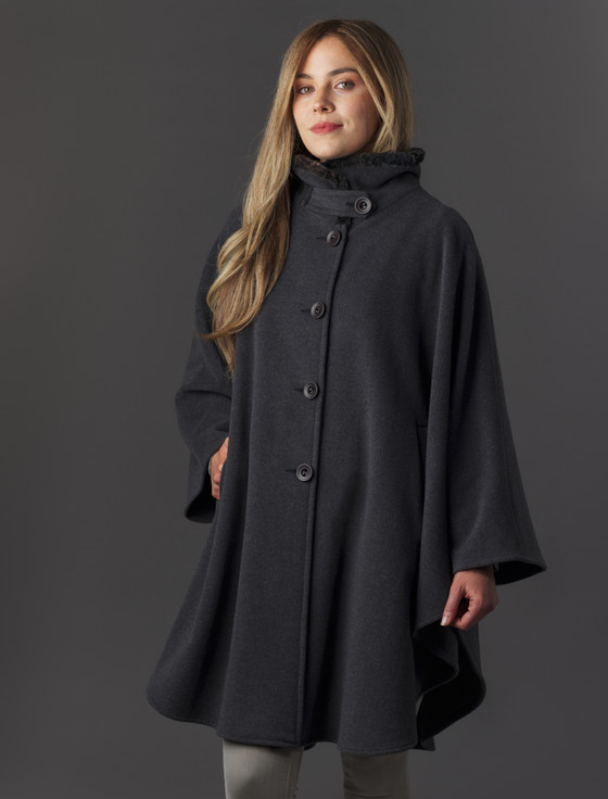 aran cashmere Cashmere Wool Cape With Faux Fur Collar