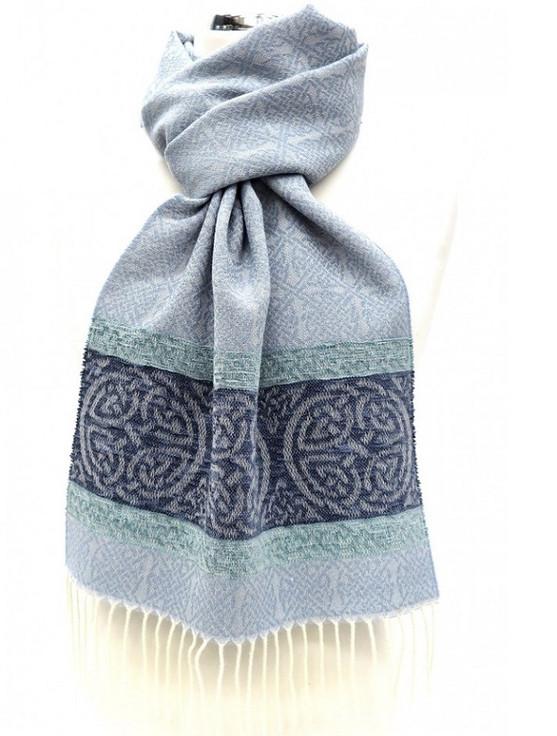 aran cashmere Celtic Border Pattern Scarf - Alaska Blue