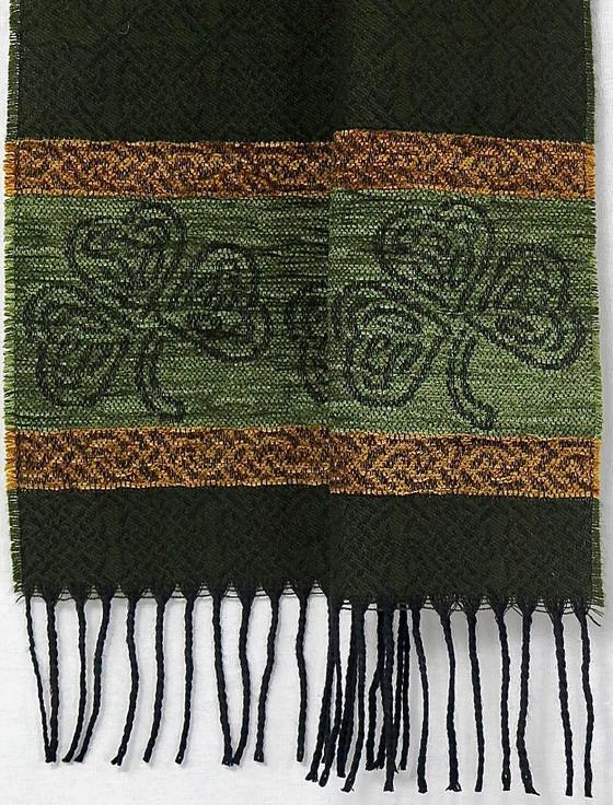 Aran Cashmere Celtic Border Pattern Scarf - Shamrock Olive