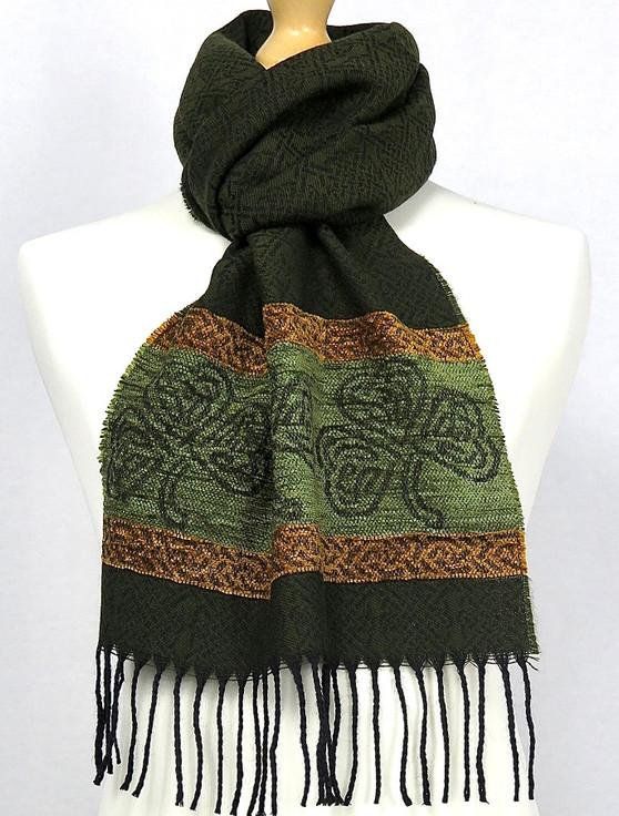 aran cashmere Celtic Border Pattern Scarf - Shamrock Olive