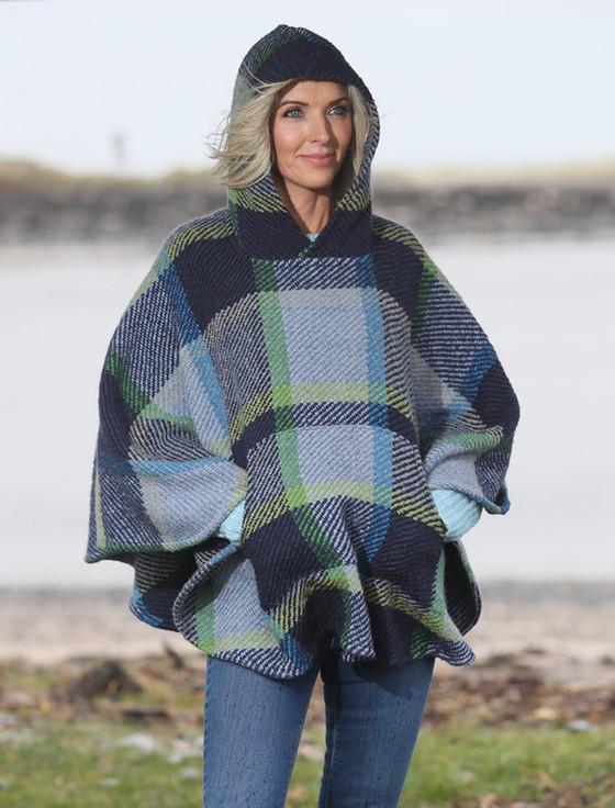 Aran Cashmere Cheryl Herringbone Hooded Poncho - Galway Blue