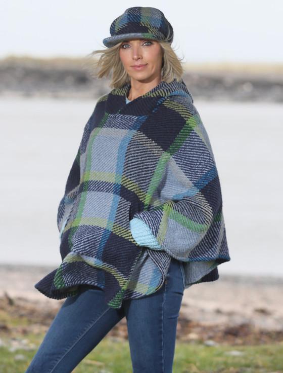 aran cashmere Cheryl Herringbone Hooded Poncho - Galway Blue