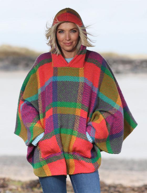 Aran Cashmere Cheryl Herringbone Hooded Poncho - Galway Multi