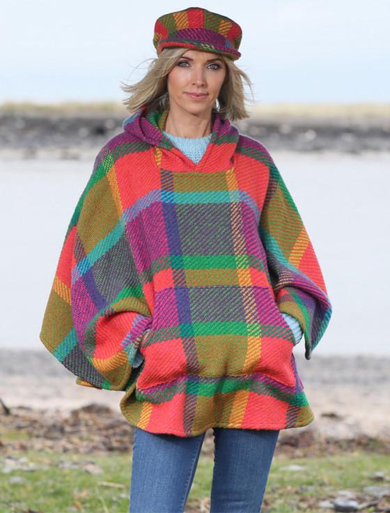 aran cashmere Cheryl Herringbone Hooded Poncho - Galway Multi
