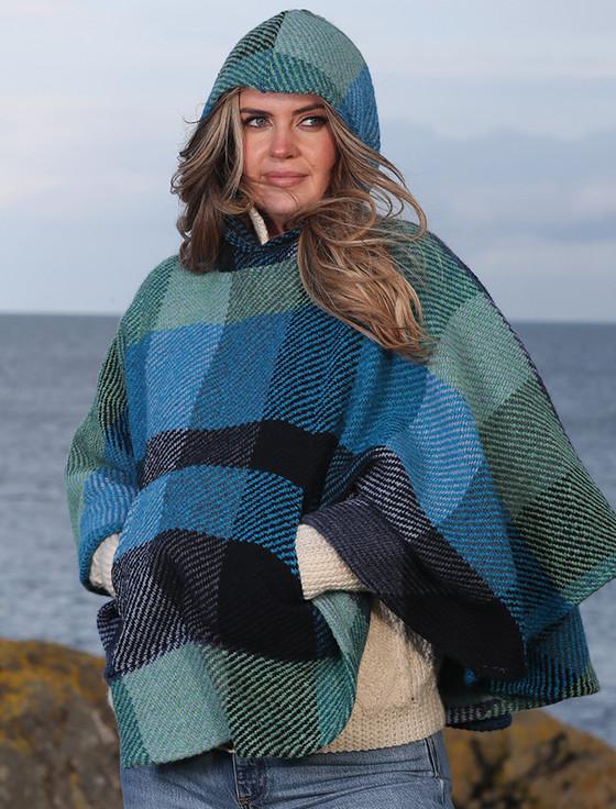 Aran Cashmere Cheryl Herringbone Hooded Poncho - Kildare Blue
