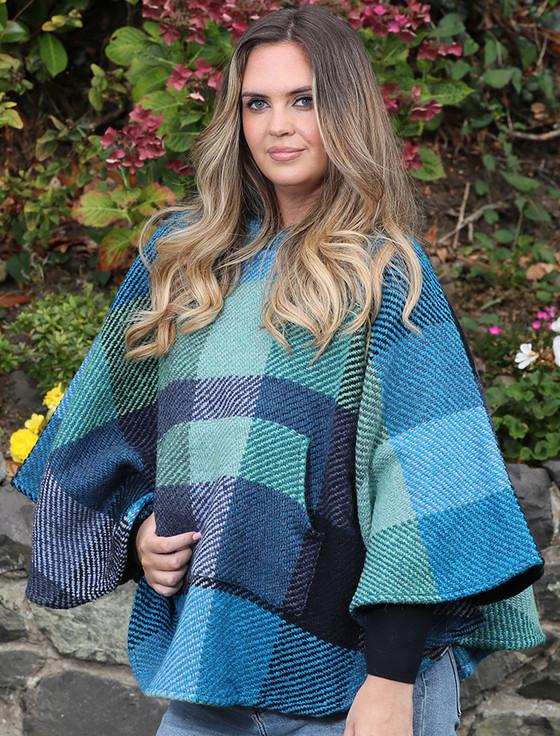 Aran Cashmere Cheryl Herringbone Hooded Poncho - Kildare Blue
