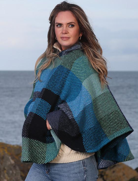 aran cashmere Cheryl Herringbone Hooded Poncho - Kildare Blue