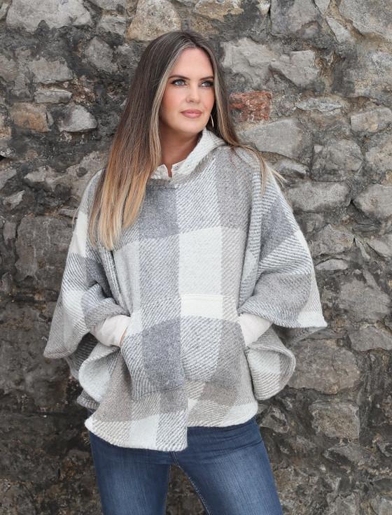 Aran Cashmere Cheryl Herringbone Hooded Poncho - Kildare Multi-Beige