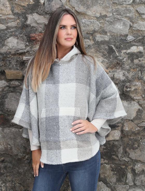 aran cashmere Cheryl Herringbone Hooded Poncho - Kildare Multi-Beige