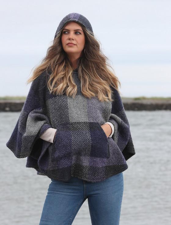 aran cashmere Cheryl Herringbone Hooded Poncho - Kildare Multi-Indigo