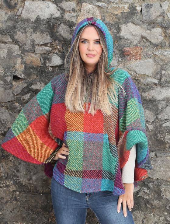 Aran Cashmere Cheryl Herringbone Hooded Poncho - Kildare Multi-Light-Green