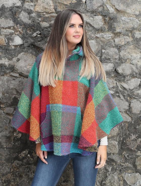 aran cashmere Cheryl Herringbone Hooded Poncho - Kildare Multi-Light-Green