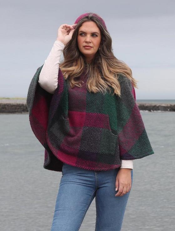 Aran Cashmere Cheryl Herringbone Hooded Poncho - Kildare Multi-Mulberry