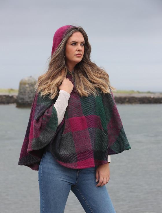 aran cashmere Cheryl Herringbone Hooded Poncho - Kildare Multi-Mulberry