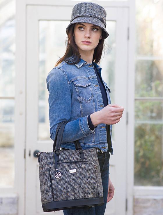 Aran Cashmere Ciara Tweed & Leather Bag - Grey Herringbone