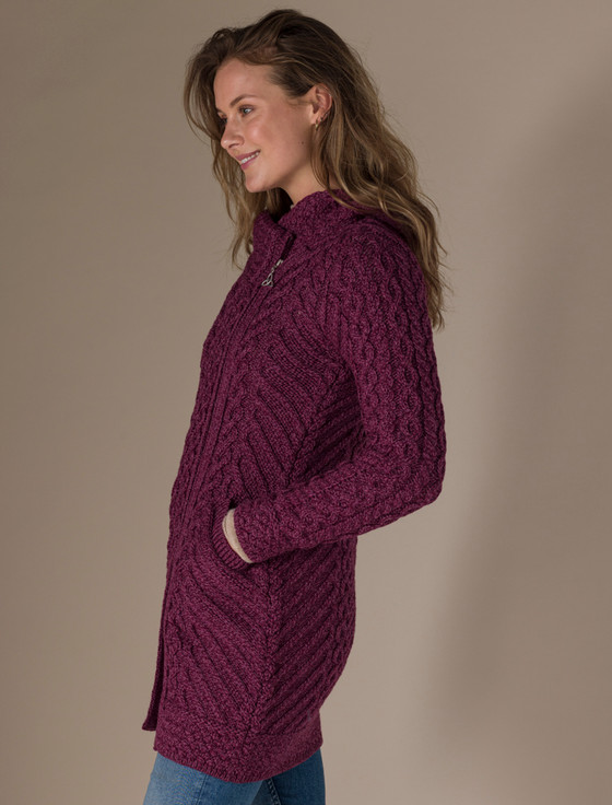 Aran Cashmere Claddagh Heart Design Side Zip Coatigan