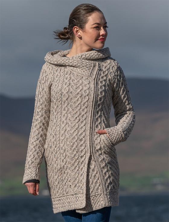 Aran Cashmere Claddagh Heart Design Side Zip Coatigan‎‎