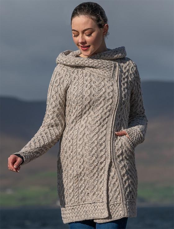 Aran Cashmere Claddagh Heart Design Side Zip Coatigan‎‎