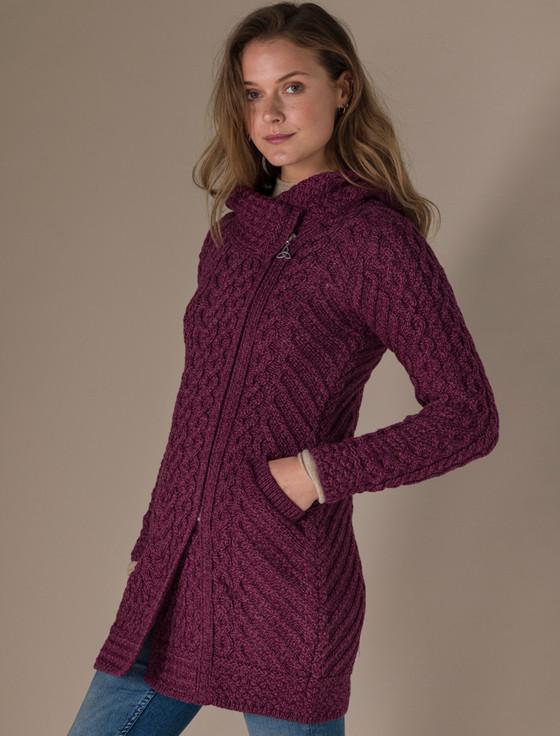 aran cashmere Claddagh Heart Design Side Zip Coatigan