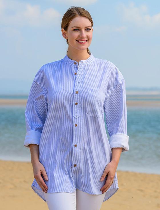 aran cashmere Cotton Grandfather Shirt - Blue Pin Stripe