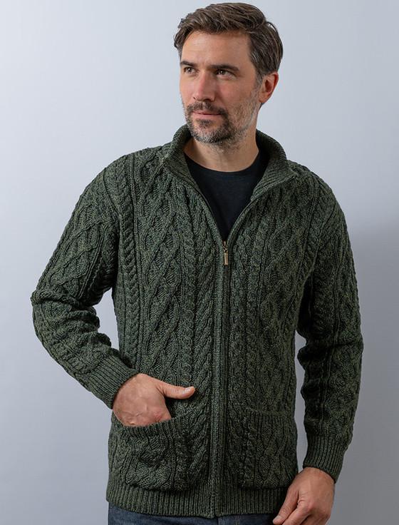 aran cashmere ‎‎Diamond and C‎able Kn‎it Zip Cardigan with Pockets
