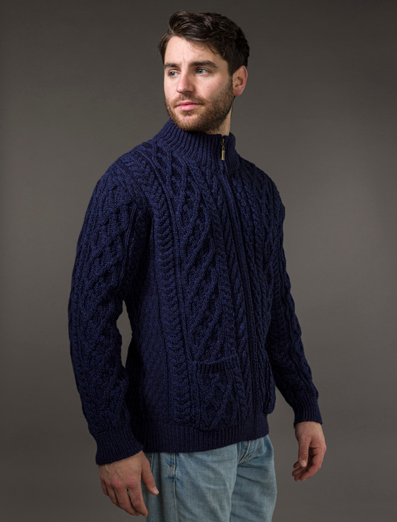 Aran Cashmere ‎Diamond And Cab‎le Kn‎it Zip Cardigan With Pockets